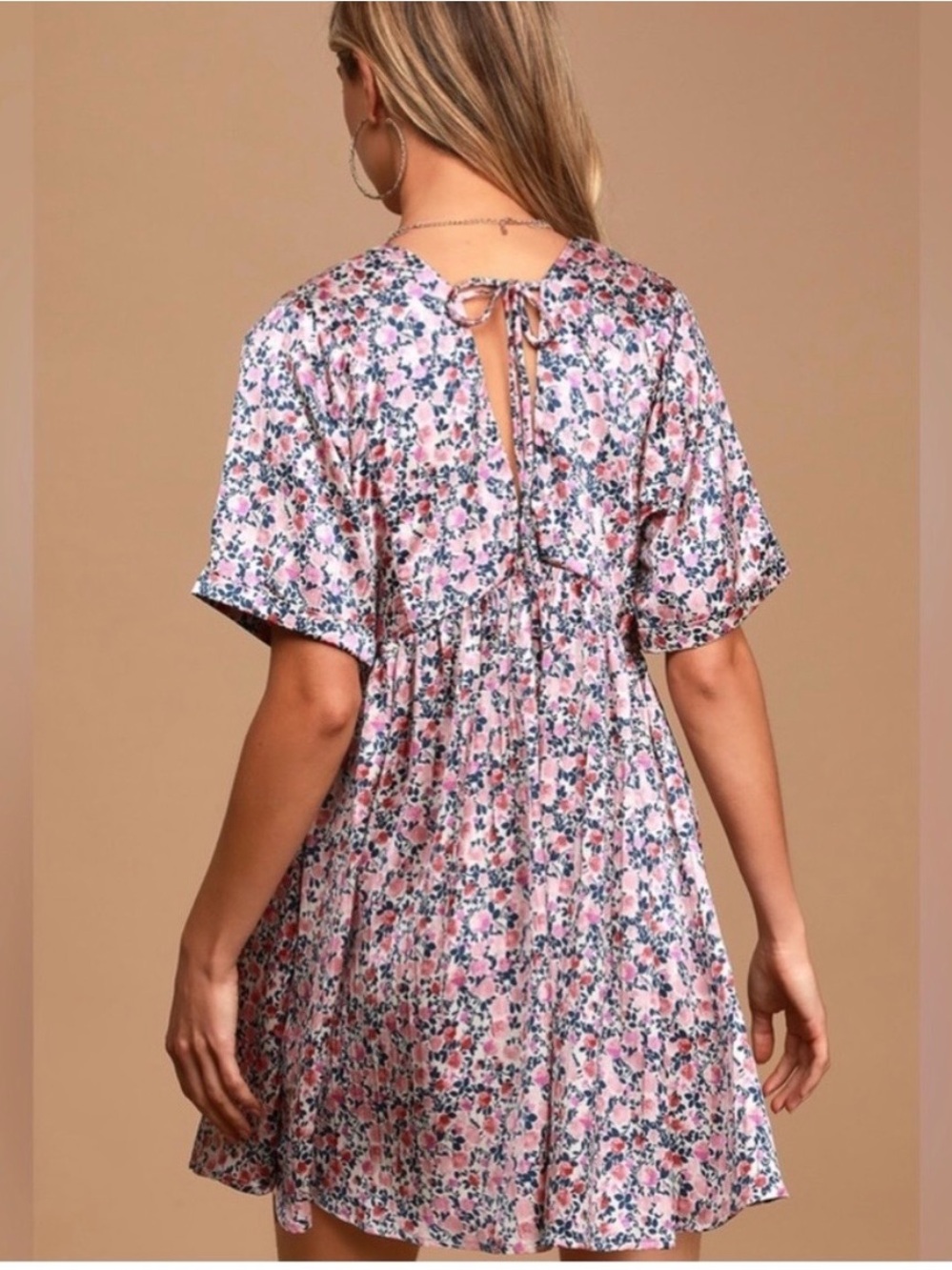 Lulus Express Yourself Blush Pink Floral Satin Babydoll Mini Dress - Medium - Picture 2 of 11